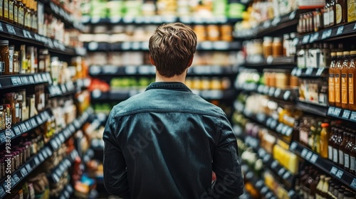 Young man browsing organic grocery store shelves filled with natural food products