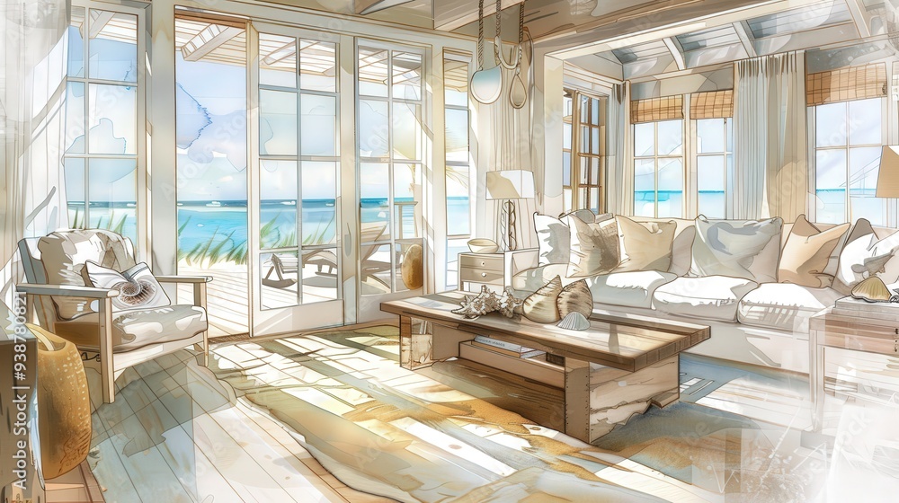 Draw a sketch of a coastal living room with a light-colored sofa, a driftwood coffee table, and a seashell-patterned rug. Draw a sketch of a coastal living room with a light-colored sofa, a driftwood coffee table, and a seashell-patterned rug.