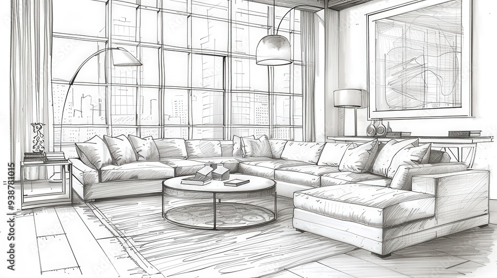 Draw a stylish living room sketch featuring a sectional sofa, a chic coffee table, and a soft rug. Draw a stylish living room sketch featuring a sectional sofa, a chic coffee table, and a soft rug.