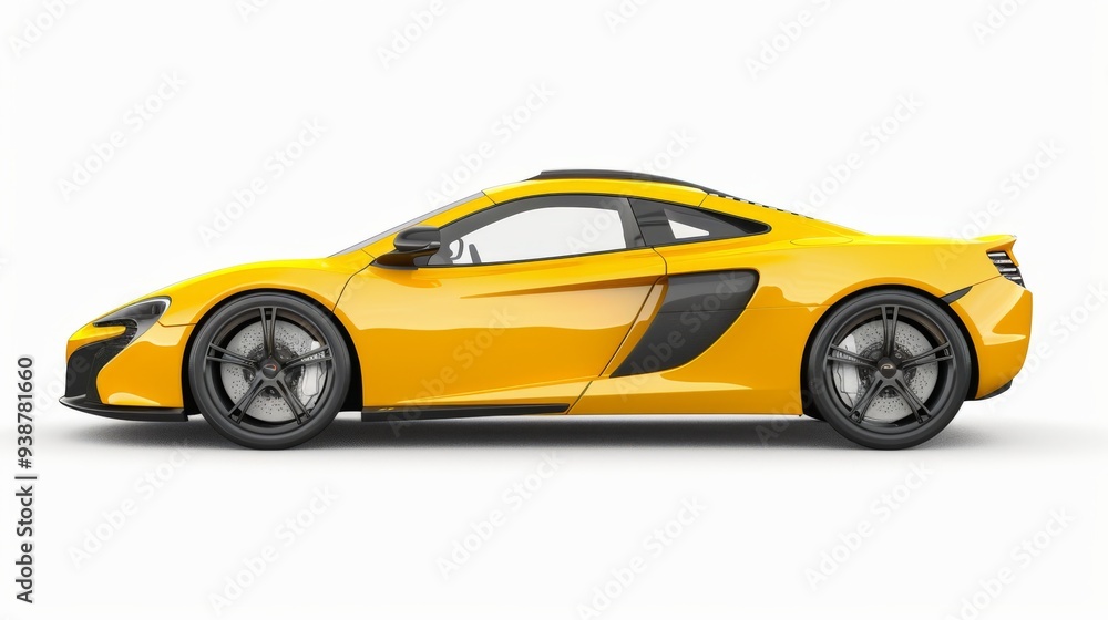A striking yellow supercar captured in a sleek side profile view, isolated against a white background, showcasing its aerodynamic design and luxurious details A striking yellow supercar captured in a sleek side profile view, isolated against a white background, showcasing its aerodynamic design and luxurious details