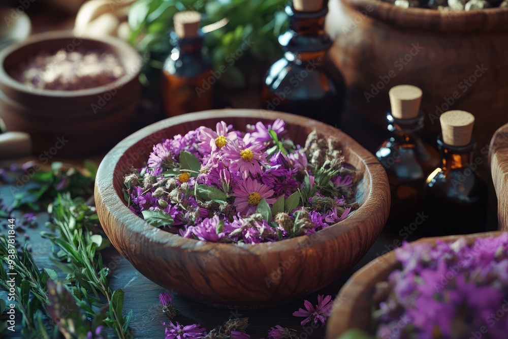 Wooden bowl filled with purple flowers. This photo shows natural ingredients for making homemade remedies. Wooden bowl filled with purple flowers. This photo shows natural ingredients for making homemade remedies.