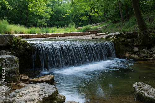 Small waterfall in the forest along a river