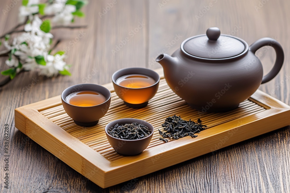 Assorted tea leaves, a teapot, and small cups elegantly arranged on a bamboo tray for a classic Chinese tea Assorted tea leaves, a teapot, and small cups elegantly arranged on a bamboo tray for a classic Chinese tea
