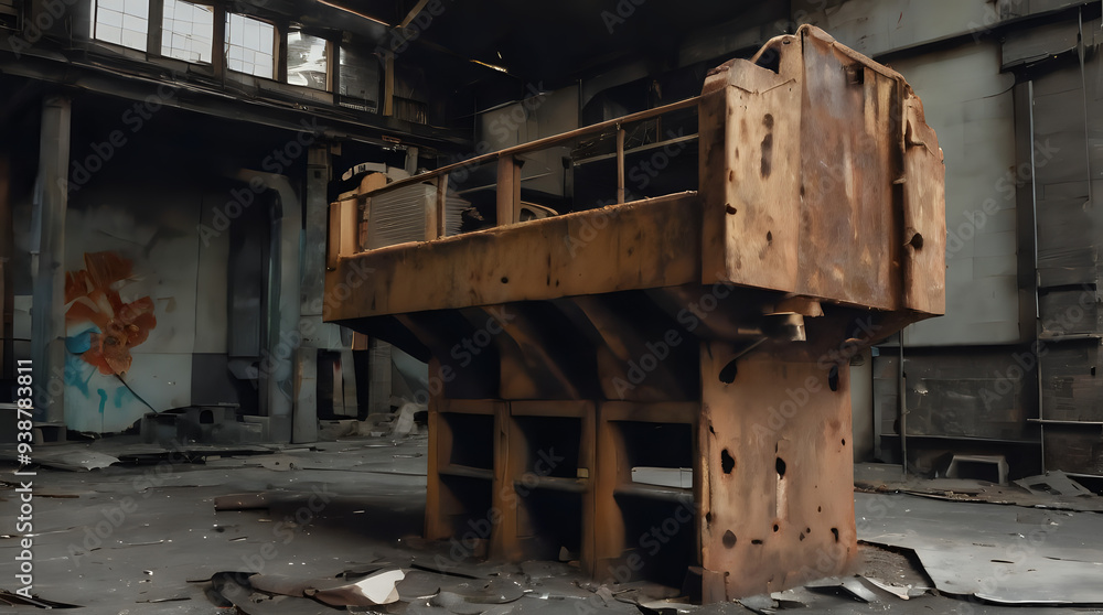 a large wooden structure in a building with graffiti on the walls a large wooden structure in a building with graffiti on the walls