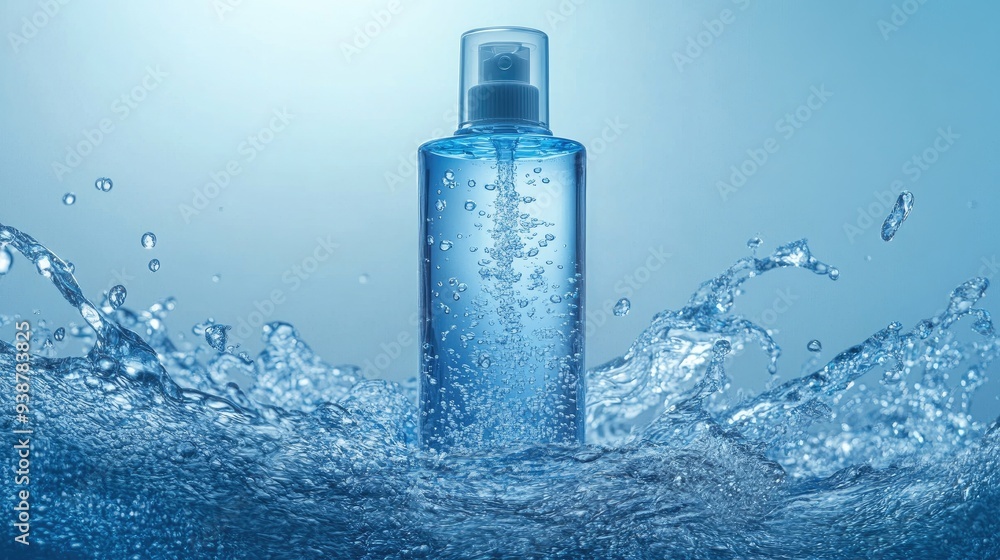 Water splash with bottle of liquid. Ideal for beauty, skincare, and cosmetic products. Water splash with bottle of liquid. Ideal for beauty, skincare, and cosmetic products.