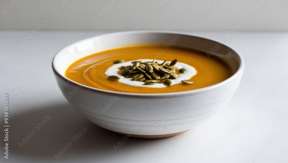 A white ceramic bowl filled with creamy butternut squash soup, topped with coconut milk and sprinkled with a few toasted pumpkin seeds. A white ceramic bowl filled with creamy butternut squash soup, topped with coconut milk and sprinkled with a few toasted pumpkin seeds.