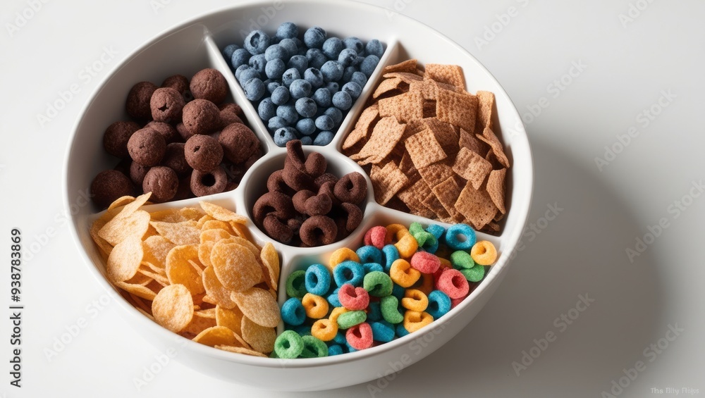 White ceramic bowl filled with various processed cereals White ceramic bowl filled with various processed cereals