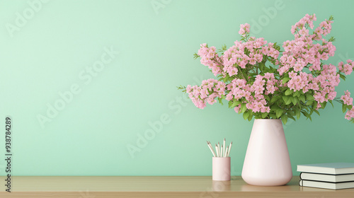Wallpaper Mural A modern home office setup with pastel green walls, featuring pink flowers in a vase on the desk, adding a splash of color and nature to the workspace Torontodigital.ca