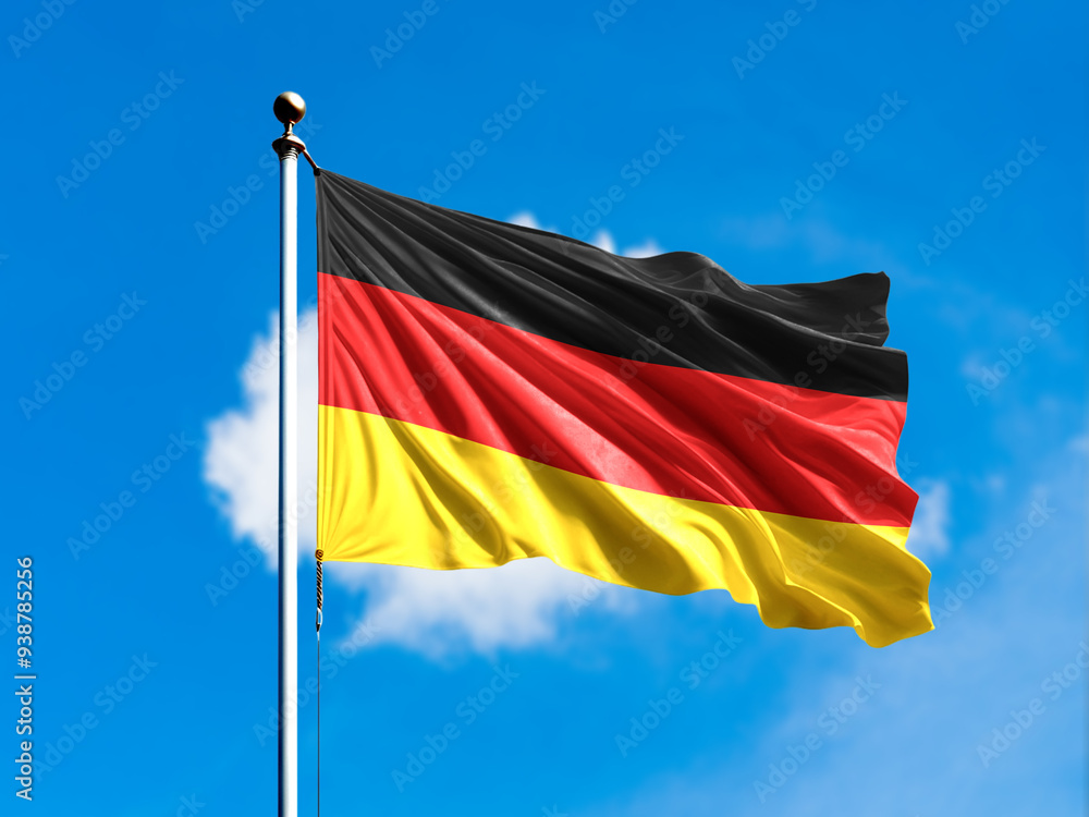Germany flag flying on blur blue clouds background. Germany flag flying on blur blue clouds background.
