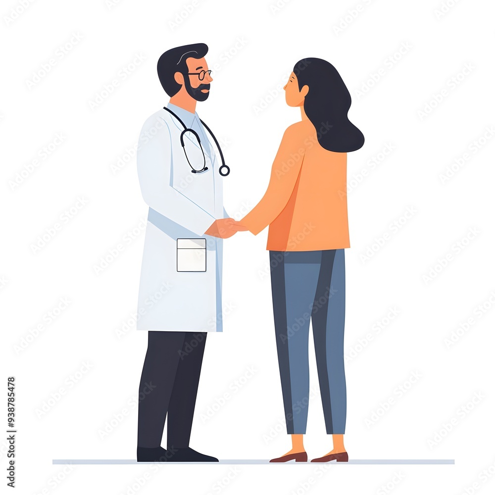 Cartoon illustration of a doctor and patient standing together. The doctor holds a stethoscope and the doctor is interacting with the patient in a medical facility. Cartoon illustration of a doctor and patient standing together. The doctor holds a stethoscope and the doctor is interacting with the patient in a medical facility.