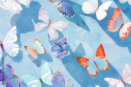 A stunning digital illustration showcasing a myriad of butterflies in various sizes and colors, gracefully fluttering across a textured background