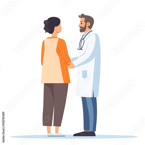 Cartoon illustration of a doctor and patient standing together. The doctor holds a stethoscope and the doctor is interacting with the patient in a medical facility.