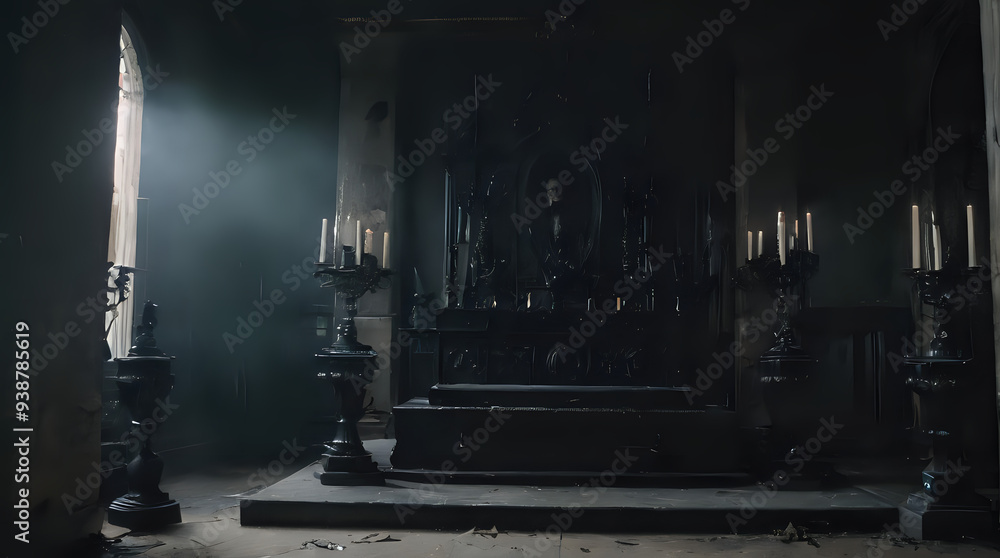Obraz premium a black altar with candles and a black chair