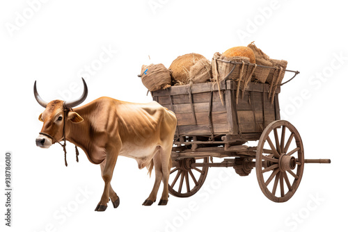 Traditional bullock cart isolated on transparent background, showcasing rustic wooden design and cultural heritage for vintage transportation concepts in digital artwork and creative design projects.