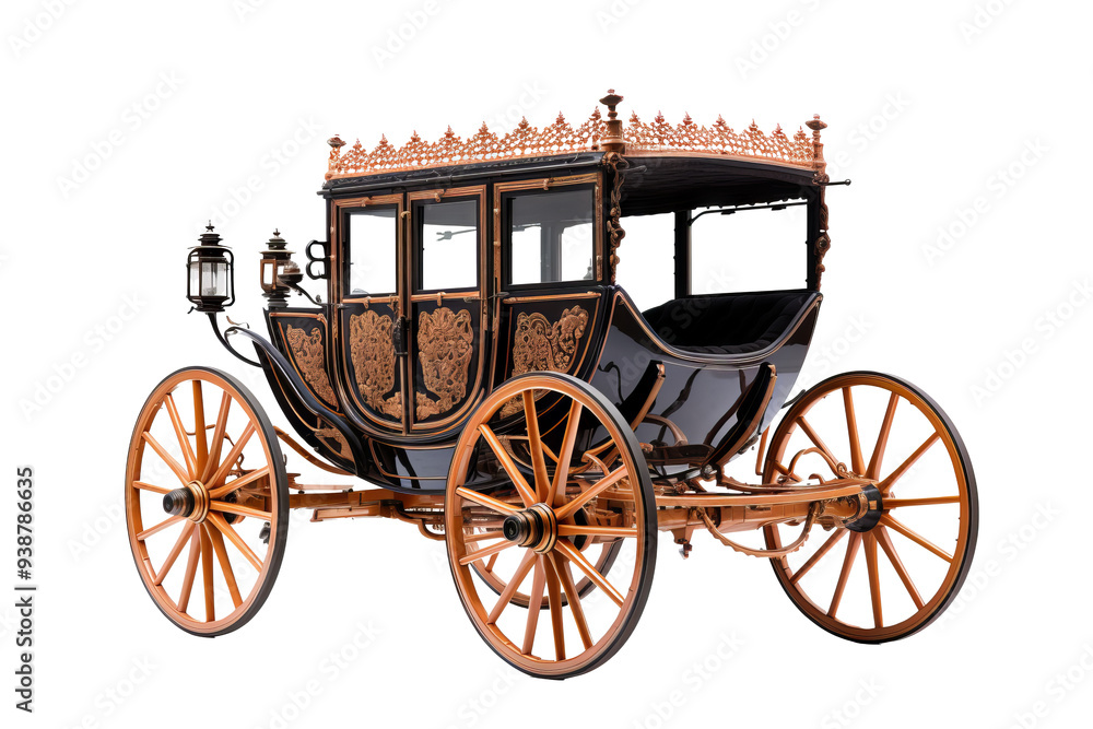 Fototapeta premium Elegant vintage carriage on transparent background isolated in PNG format, perfect for historical illustrations, antique-themed designs, and creative graphic projects classic horse-drawn vehicle