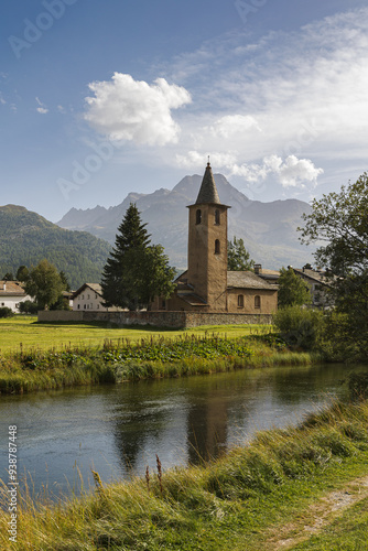 San Lurench church in Sils in the traditional Engadin village Swiss Alps, Switzerland, Europe. photo