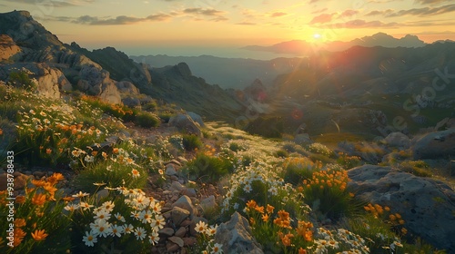 Sunrise over Pico de la Zarza mountain peak with wild flowers growing on rocky terrain