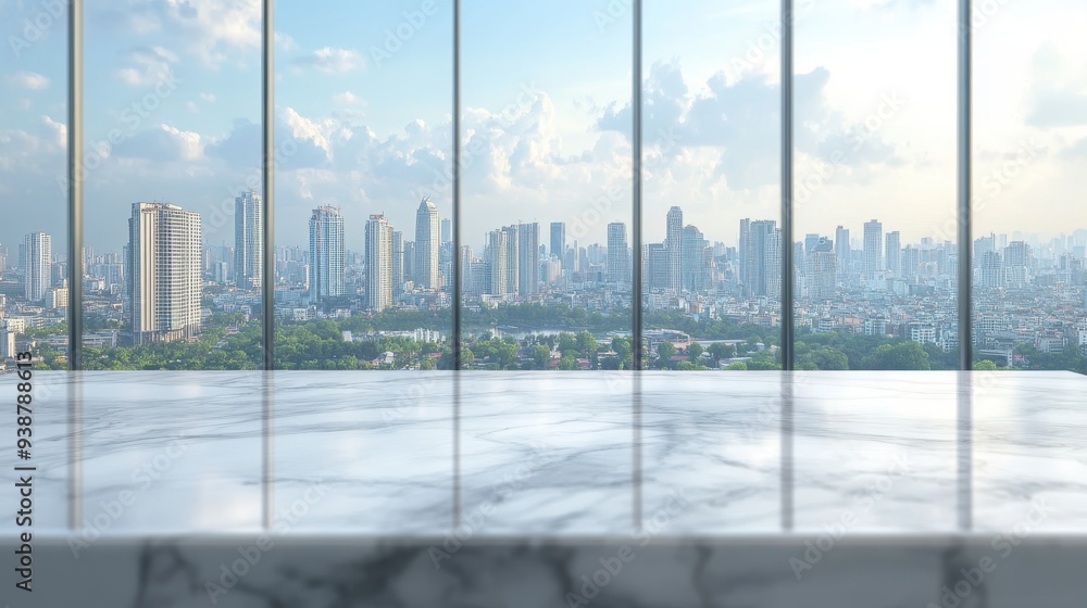 Fototapeta premium White marble stone table with city view in office building,view of window wall building with sunrise city view background,Modern office interior,early bird and morning concept.