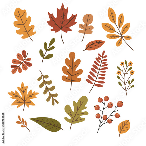 Collection of stylized autumn leaves of different shapes and sizes. Cute and warm vector illustration.