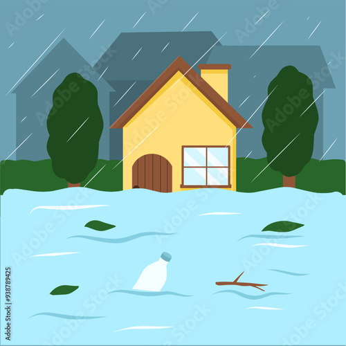 House floods from the heavy rain illustration, flood damage cartoon, flood natural disaster 