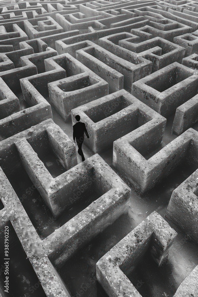 Solitude in the Concrete Maze - A lone figure in a suit navigates a vast, concrete labyrinth, symbolizing isolation and the search for direction in a complex world. Solitude in the Concrete Maze - A lone figure in a suit navigates a vast, concrete labyrinth, symbolizing isolation and the search for direction in a complex world.