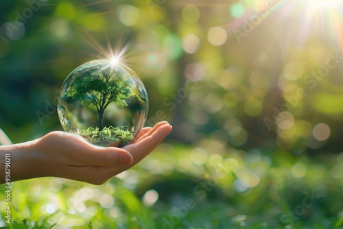 hand holding glass globe ball with tree growing and green nature blur background. eco concept