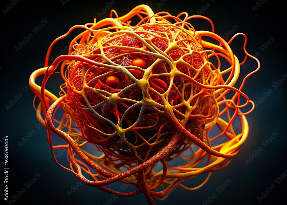 Tangled fibrin clot dangles in mid-air, its intricate web-like structure shimmering in vibrant red, orange, and yellow hues against a dark background, conjuring mystery and wonder. Tangled fibrin clot dangles in mid-air, its intricate web-like structure shimmering in vibrant red, orange, and yellow hues against a dark background, conjuring mystery and wonder.