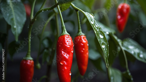 close-up picture of red chilies, looking fresh, with dew on the chilies photo