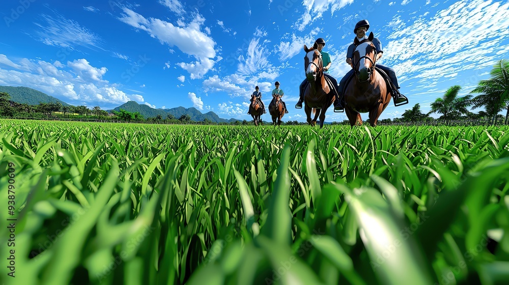 A picturesque scene of riders on horseback galloping through lush green fields under a vibrant blue sky. A picturesque scene of riders on horseback galloping through lush green fields under a vibrant blue sky.