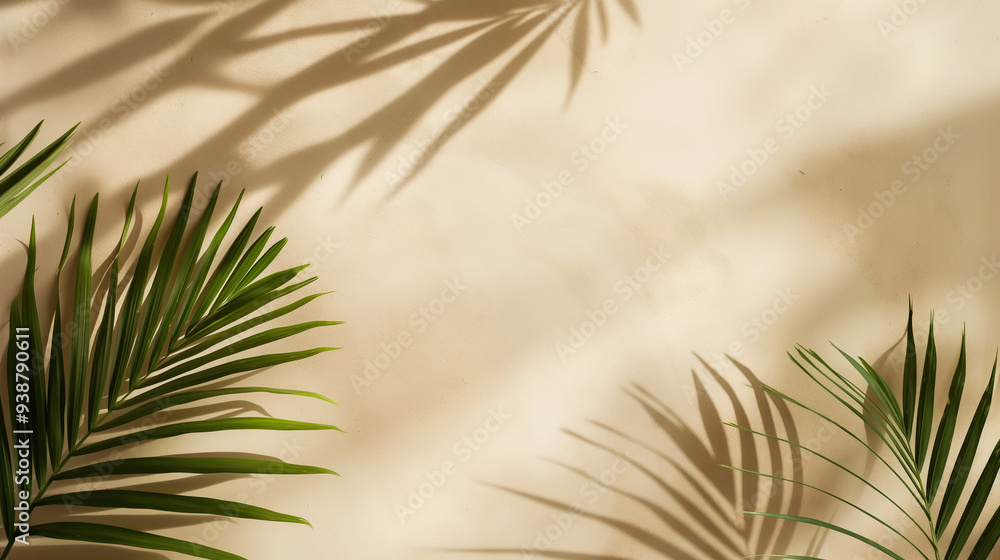 Obraz premium Minimalistic beige background with tropical palm leaves shadows, evoking a tranquil summer atmosphere