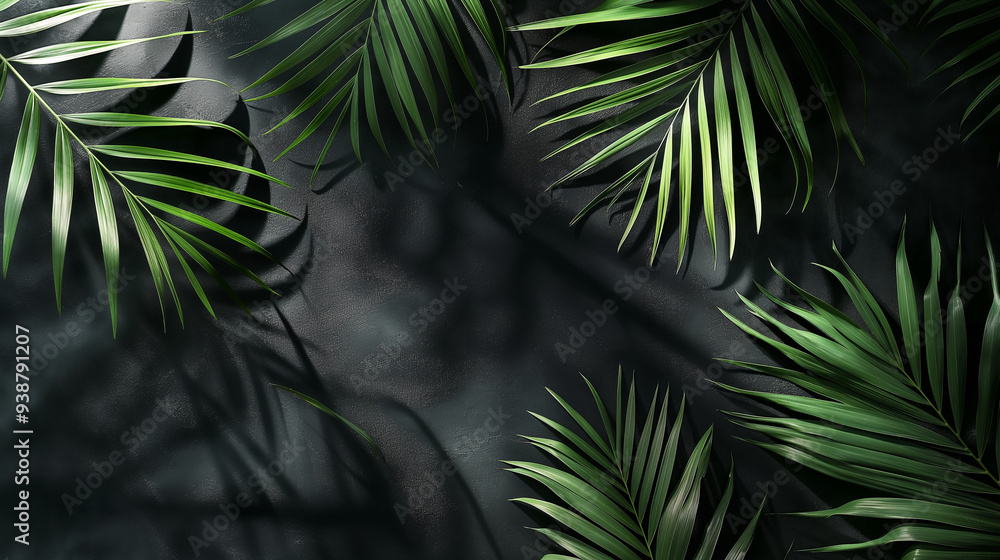Tropical palm leaves casting dramatic shadows on a dark textured stone background. Suitable for exotic nature-inspired designs, luxury branding, and tropical themes Tropical palm leaves casting dramatic shadows on a dark textured stone background. Suitable for exotic nature-inspired designs, luxury branding, and tropical themes