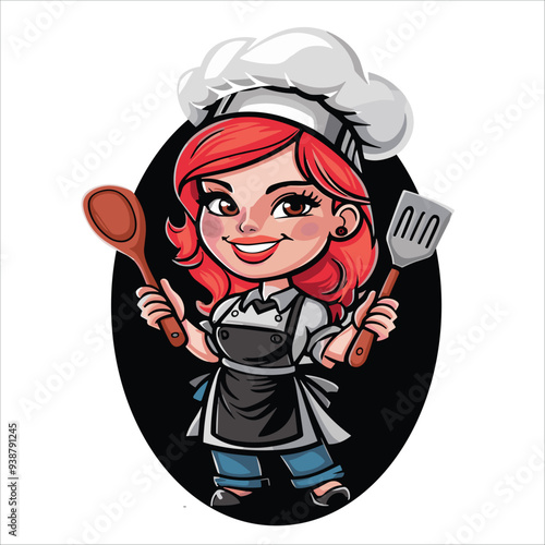 Lady chef with fruit , spoon and frying pan vector