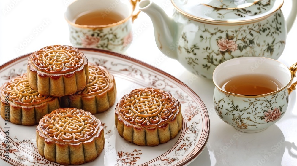 A close-up of traditional Chinese mooncakes arranged on a decorative plate, with a teapot and cups beside them, all set against a plain white background, emphasizing the intricate designs and