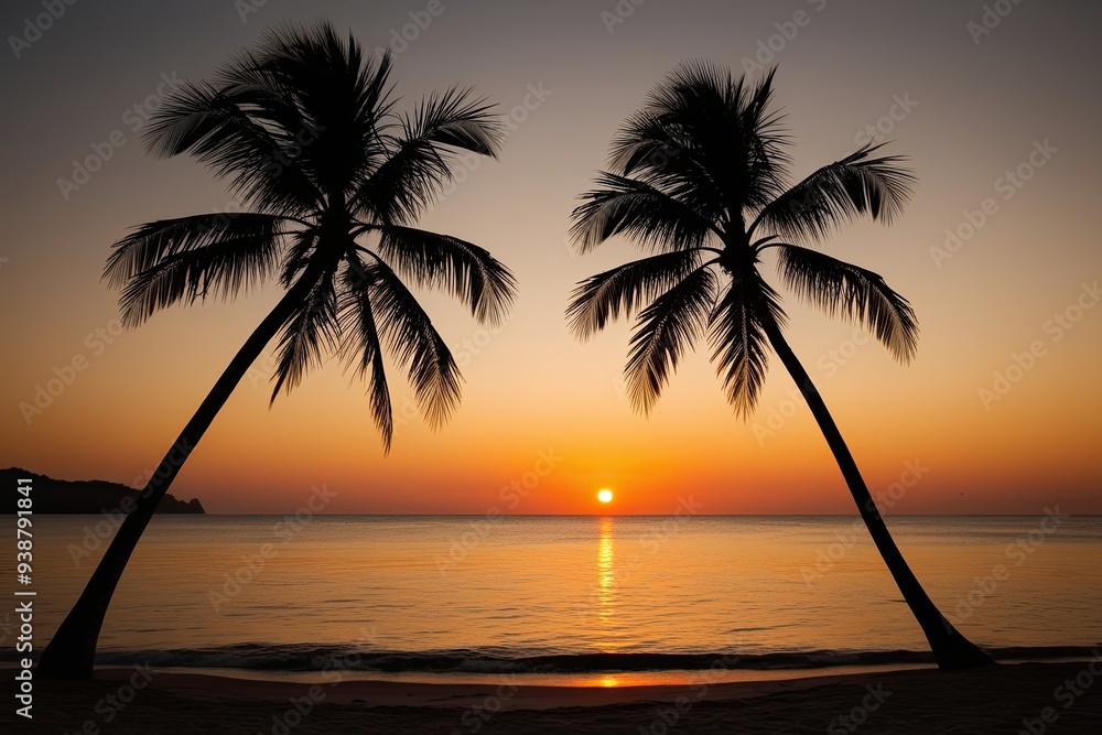 Golden Sunset Beach with Palm Silhouettes and Fiery Orange Reflections Golden Sunset Beach with Palm Silhouettes and Fiery Orange Reflections