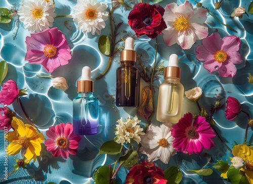 Floral Essence Bottles on Water Background