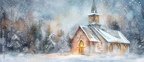 A watercolor winter church scene