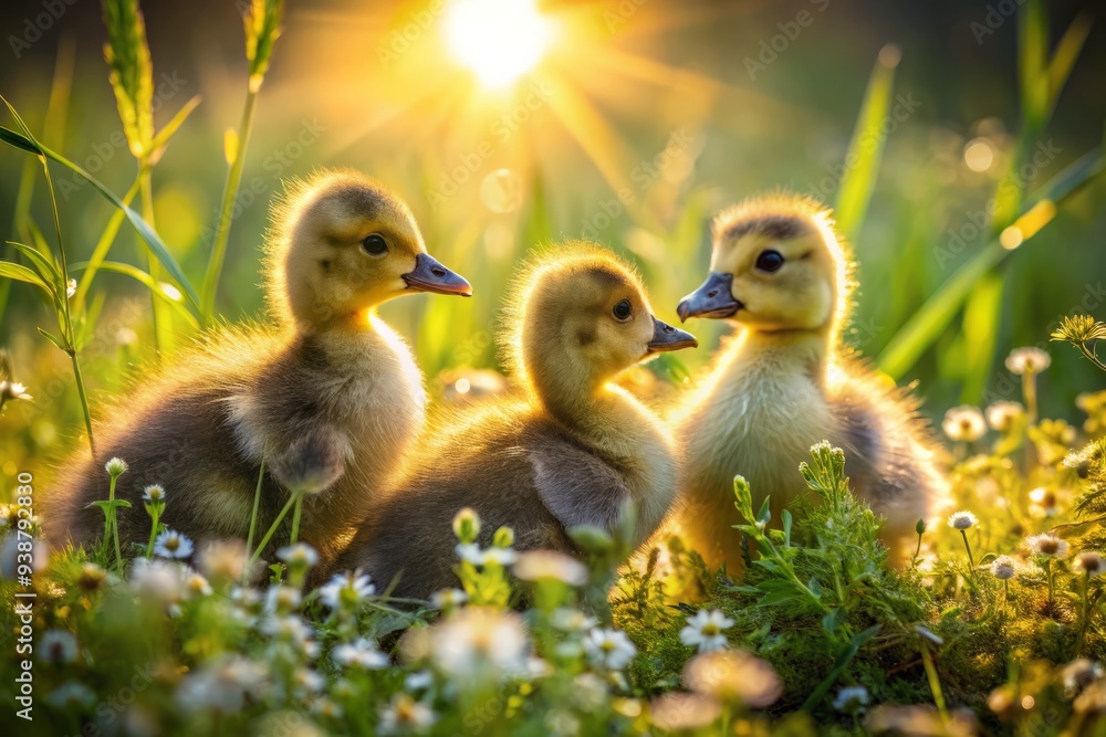 Softly glowing sunlit morning mist unfolds around tender newly hatched goslings pecking at succulent rum-soaked wildflowers amidst dew-kissed grass Softly glowing sunlit morning mist unfolds around tender newly hatched goslings pecking at succulent rum-soaked wildflowers amidst dew-kissed grass