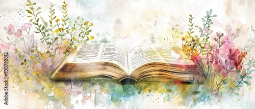 Soft-focus watercolor of a bible open to a significant verse
