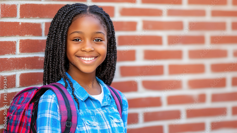 Vibrant close-up portrait of a smiling African American girl holding a school bag, captured with a sharp focus and studio lighting against a softly blurred background. Vibrant close-up portrait of a smiling African American girl holding a school bag, captured with a sharp focus and studio lighting against a softly blurred background.