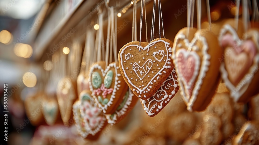 A colorful display of gingerbread heart cookies at an Oktoberfest market stall, each one intricately decorated with icing patterns and messages, hanging from strings and ready to be taken home as a A colorful display of gingerbread heart cookies at an Oktoberfest market stall, each one intricately decorated with icing patterns and messages, hanging from strings and ready to be taken home as a
