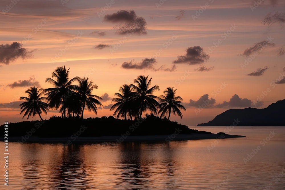 Serene Sunset Landscape on Quiet Island with Silhouetted Palms and Calm Waters Reflecting Warm Amber Skies Serene Sunset Landscape on Quiet Island with Silhouetted Palms and Calm Waters Reflecting Warm Amber Skies