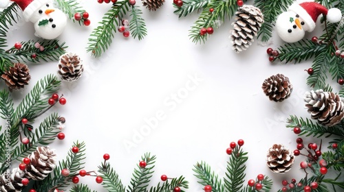 Christmas frame with snowmen, pine branches, and cones on a white background. The border is filled with small, delicate snowflakes and coniferous tree leaves.  photo