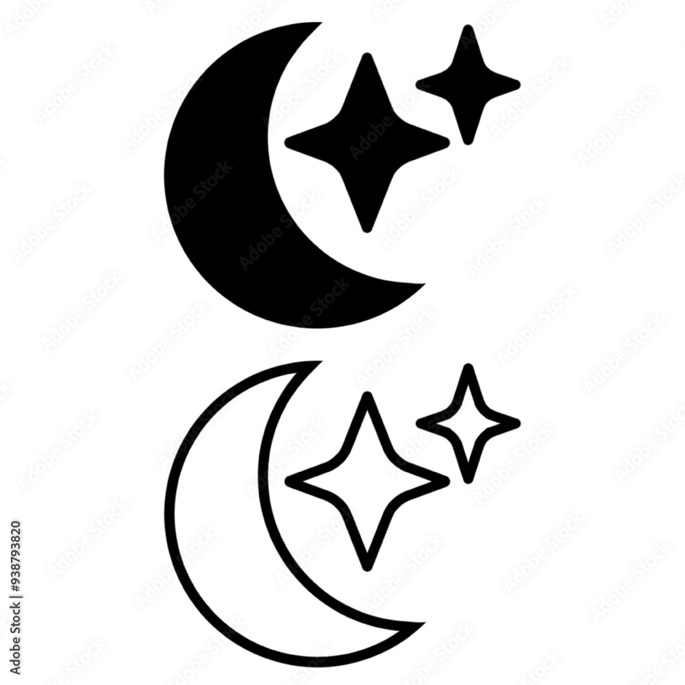 Moon with stars in night sky. Moon and star light isolated on white background. Crescent. Simple celestial shapes. Silhouette graphic elements. Icon sleep. Half moon with star. Black outline. Vector Moon with stars in night sky. Moon and star light isolated on white background. Crescent. Simple celestial shapes. Silhouette graphic elements. Icon sleep. Half moon with star. Black outline. Vector