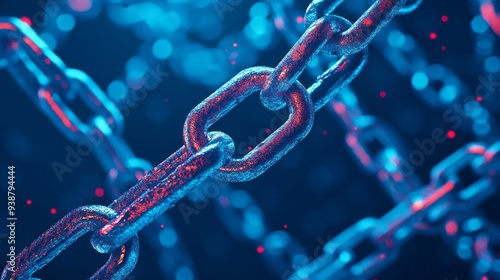 Vibrant Red Highlights on Solid Blue Digital Pattern with Chains for Text Space