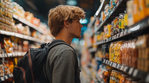 Wallpaper Mural A man with a backpack is shopping in a grocery store Torontodigital.ca
