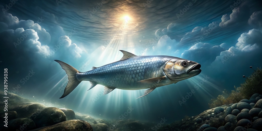 Glowing silver tarpon swims upwards from the murky depths, vector of light refracting through water molecules, aerial perspective conveying sense of weightlessness, Glowing silver tarpon swims upwards from the murky depths, vector of light refracting through water molecules, aerial perspective conveying sense of weightlessness,