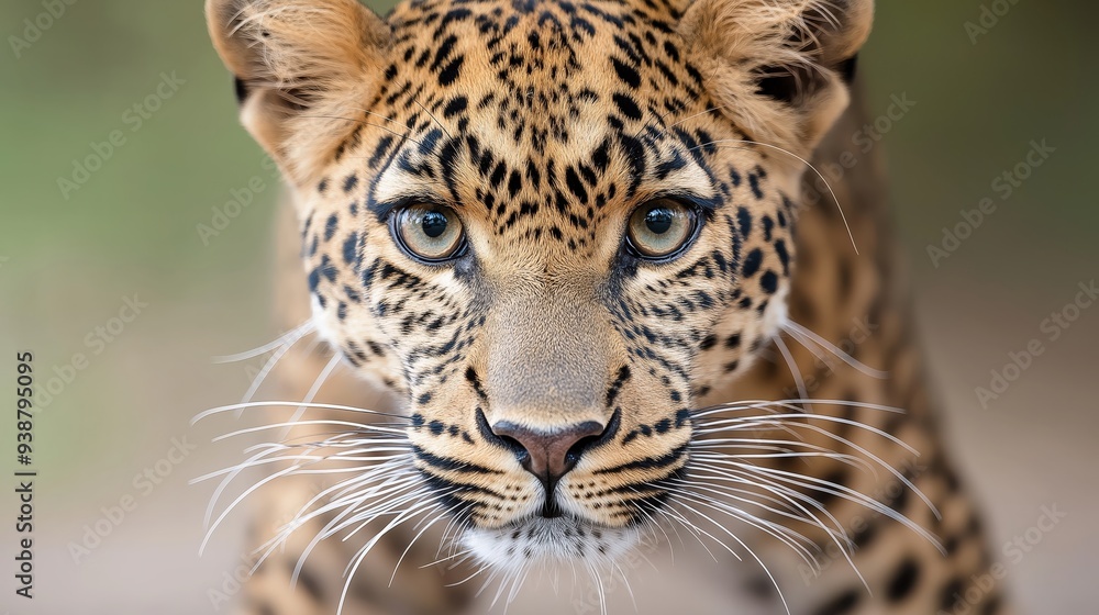 Closeup of a Leopards face and eyes, looking at camera Closeup of a Leopards face and eyes, looking at camera