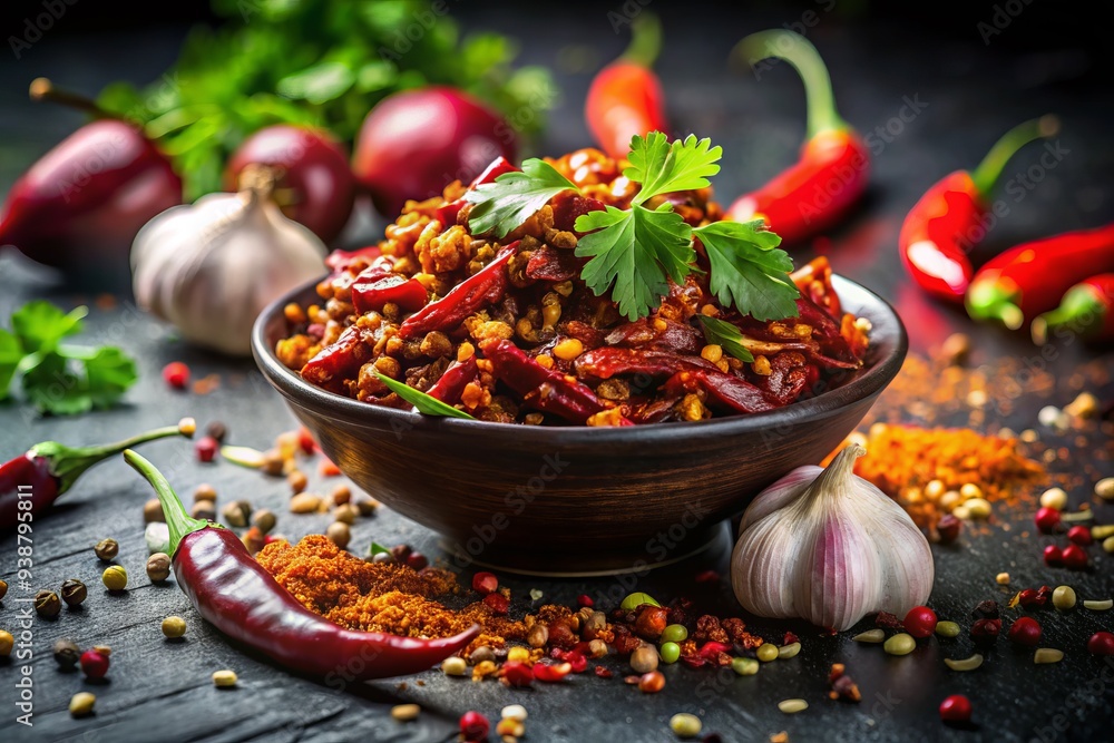 Vibrant chipotle pepper mix radiates warmth against velvety black background, secondary details include chopped onions, garlic Vibrant chipotle pepper mix radiates warmth against velvety black background, secondary details include chopped onions, garlic