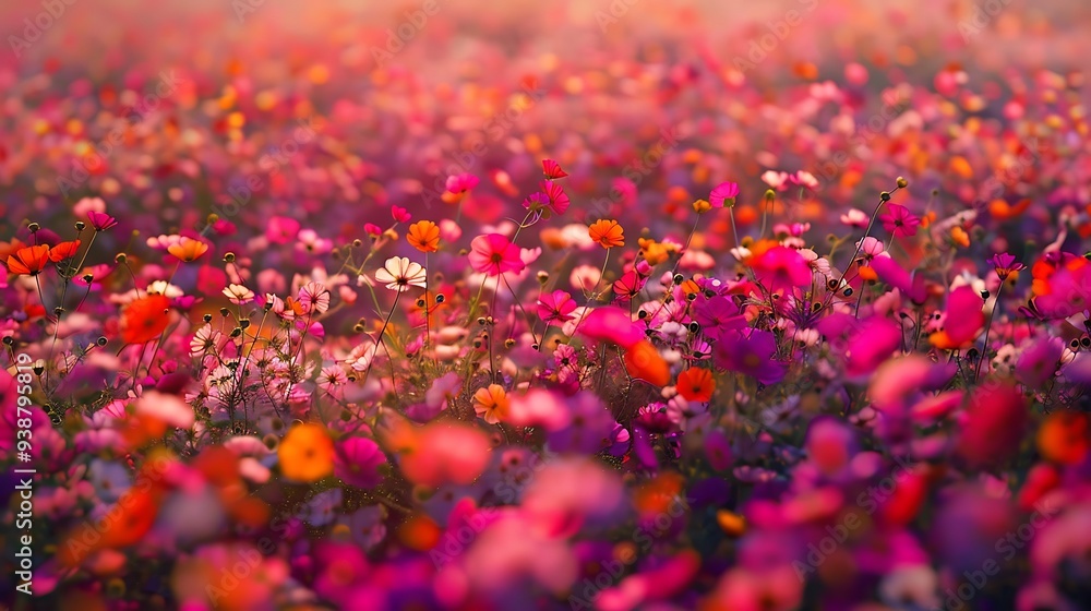 Vibrant cosmos flower field in full bloom, a sea of colorful petals Vibrant cosmos flower field in full bloom, a sea of colorful petals