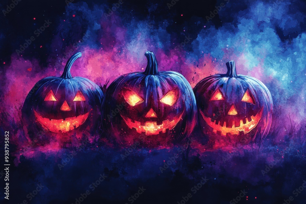 Naklejka premium Three pumpkins with glowing eyes and smiling faces are arranged in a row